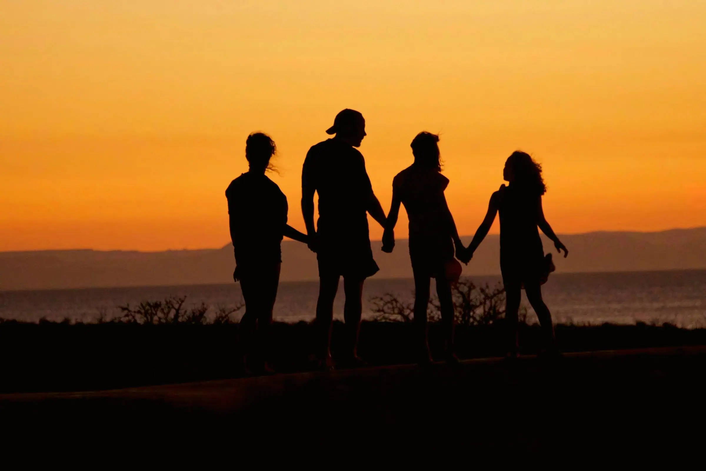 Quatro pessoas de mãos dadas diante do mar ao entardecer