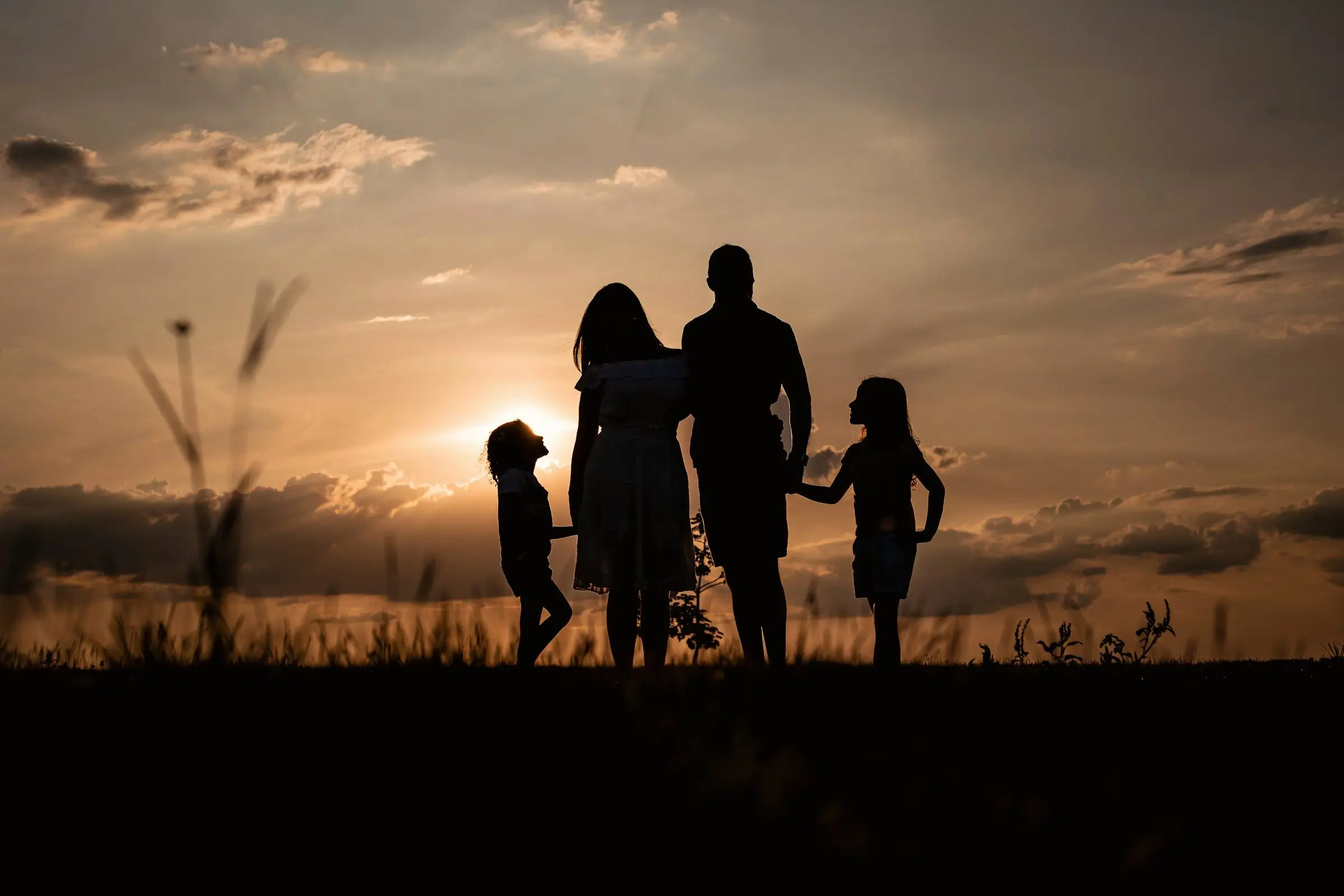 Família de mãos dadas no campo ao pôr do sol